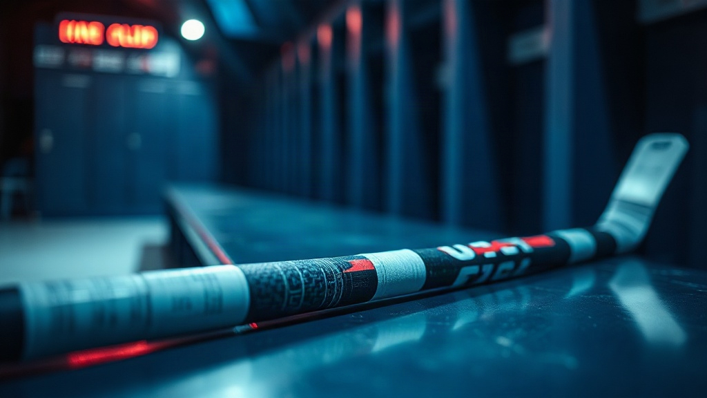 Hockey bench and taped stick in cool locker light