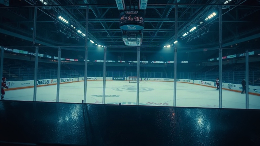Rink boards and arena lights at ice level