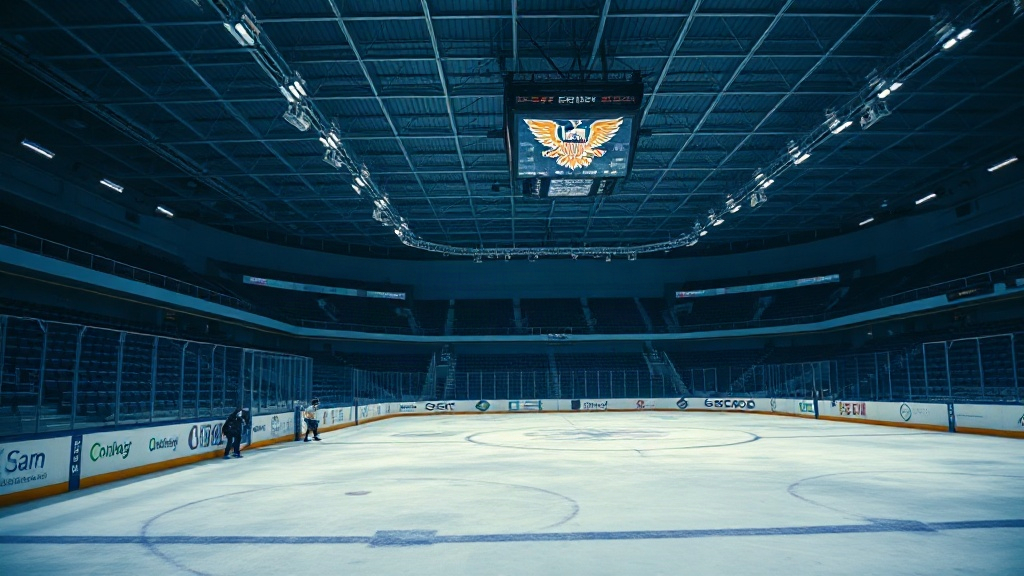 Blue-hour hockey arena light across empty ice